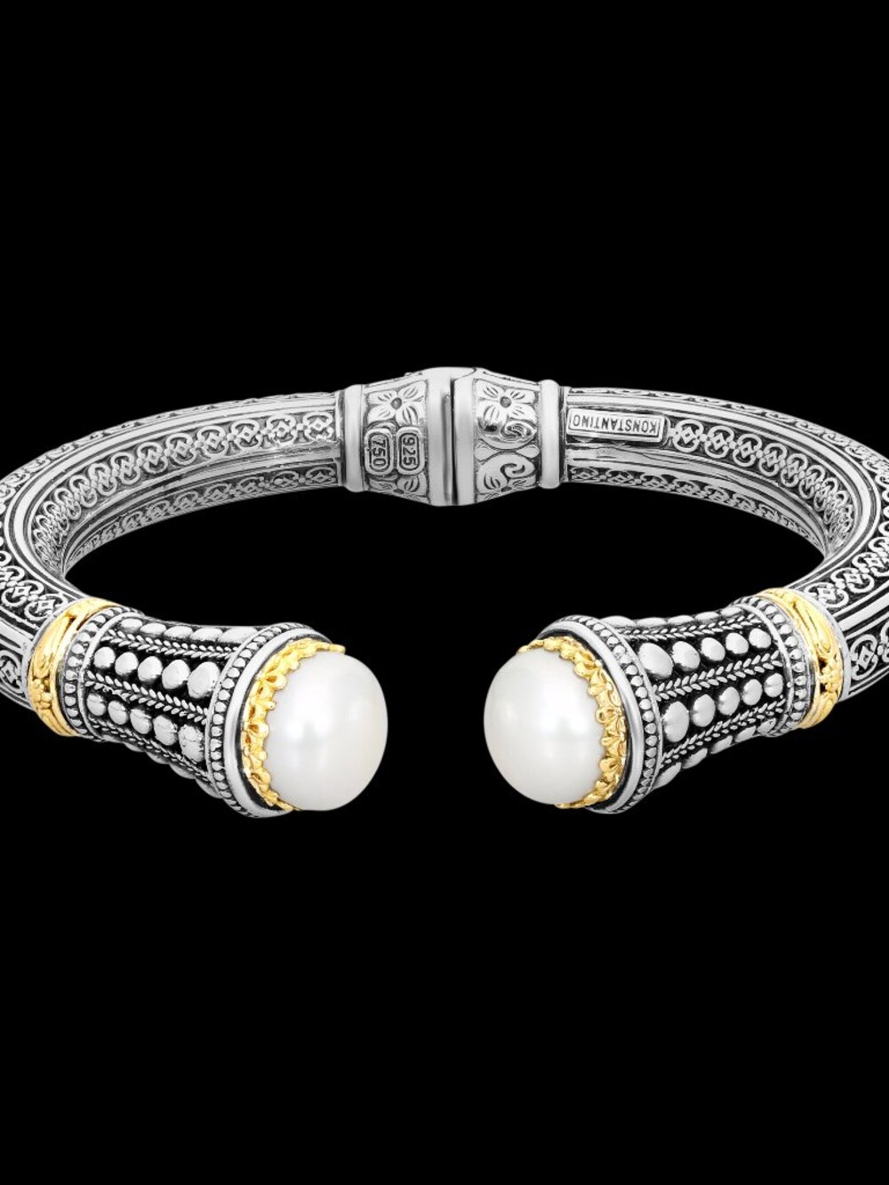 Konstantino 925 Silver 18K Gold Clas Cultured Pearl Bangle Bracelet Size 6.5"